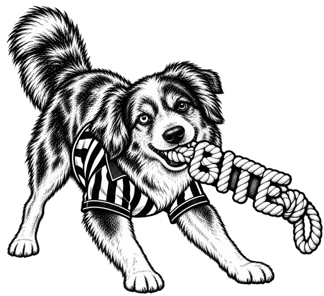 Buddy playfully tugging a chew toy shaped like the word BITE