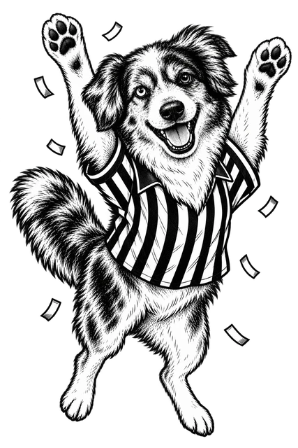 Buddy celebrating with both front paws raised and both hind legs visible